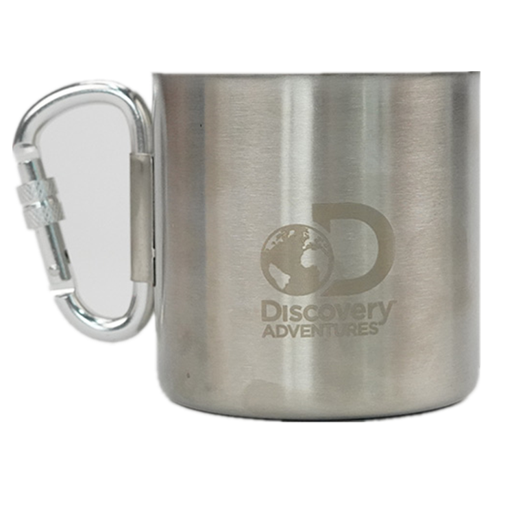 DISCOVERY ADVENTURES STAINLESS STEEL CAMPING COFFEE MUG WITH FOLDING CARABINER HANDLE - LIGHTWEIGHT STAINLESS STEEL CAMPING CUP FOR CAMP SURVIVAL COOKING GEAR - PORTABLE HIKING AND BACKPACKING MUG